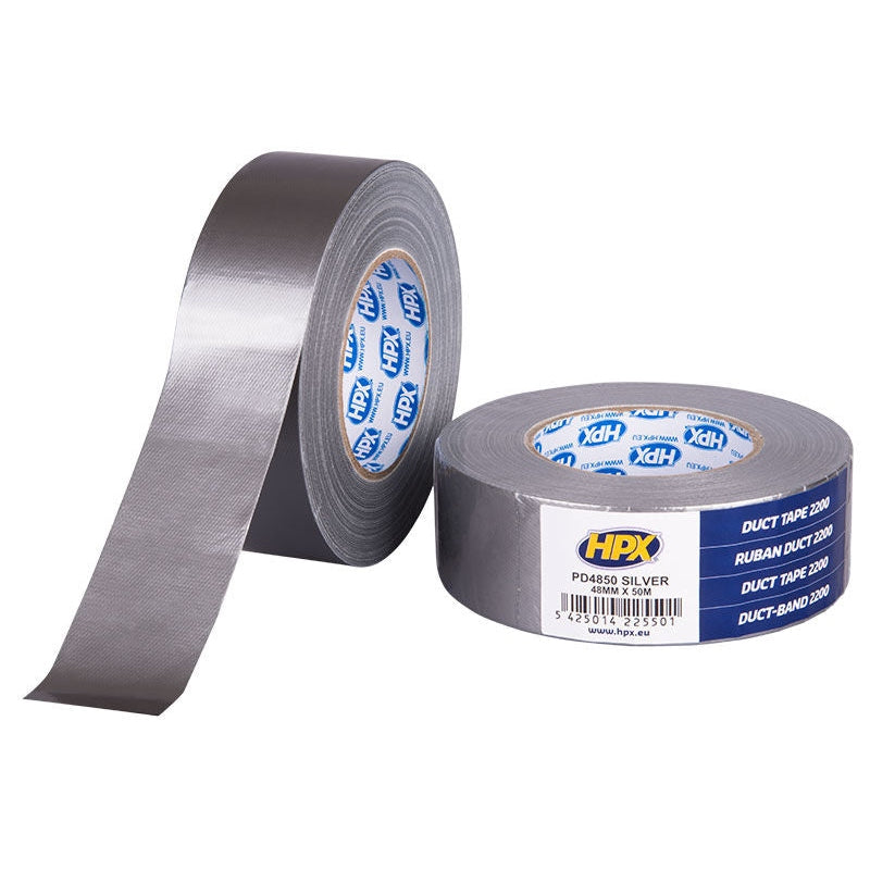 Ducttape 2200 Zilver 48mm x 50m: Sterke zilverkleurige ducttape van 48mm x 50m, voor diverse reparatie- en bevestigingsdoeleinden.