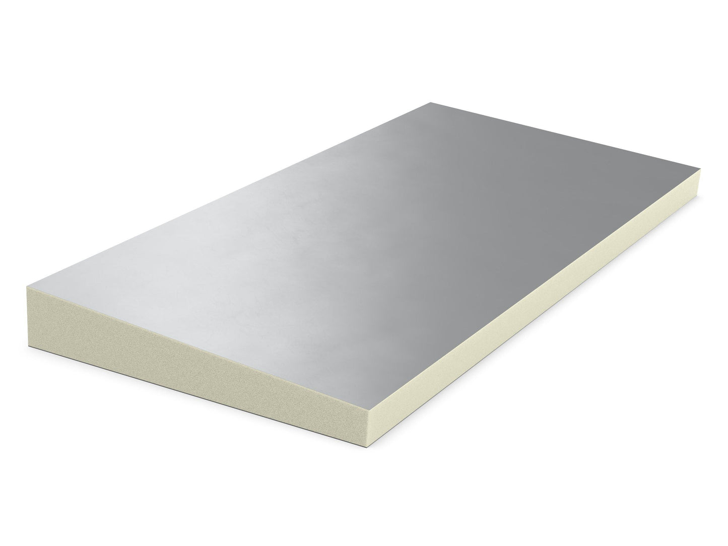 PIR afschot 2-zijdig aluminium 1200x1200x30/40mm Rd:1.58 (=1,44m²): PIR isolatieplaat met afmetingen 1200x1200x30/40mm, Rd-waarde van 1.58, dekking van 1,44 m².