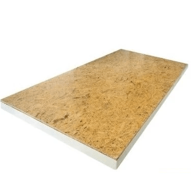 PIR + OSB 2440x600x120+9mm Rd:5,45 (=1,46 m²): PIR + OSB plaat met afmetingen 2440x600x120+9mm, Rd-waarde van 5,45, dekking van 1,46 m².